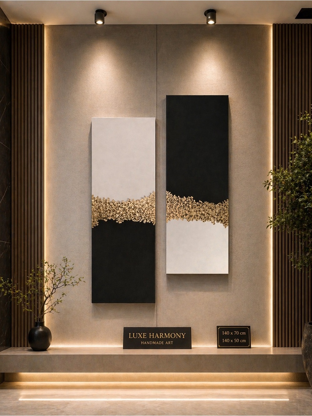 Handmade Black and White Wall Art with Gold Accent - Luxe Harmony